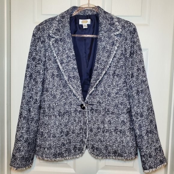 Talbots Petites Blue White Boucle Tweed Fringe Blazer Size 12 - Picture 1 of 12